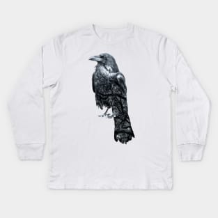 Double Exposure Crow & Tree Branches Kids Long Sleeve T-Shirt